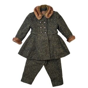 Vintage Handmade Kids Wool Tweed Coat and Pants‎ Set Real Fur Collar Trim 1960s